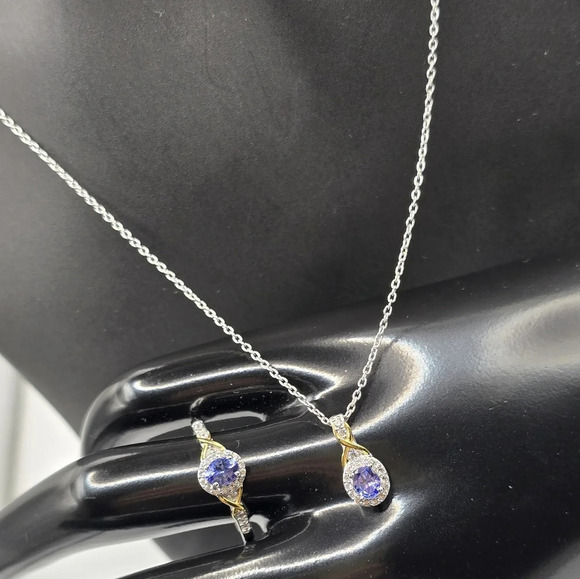 JTV Jewelry - Tanzanite, White Zircon Infinity Halo Ring (Size 7.0), Pendant Necklace 20" 925